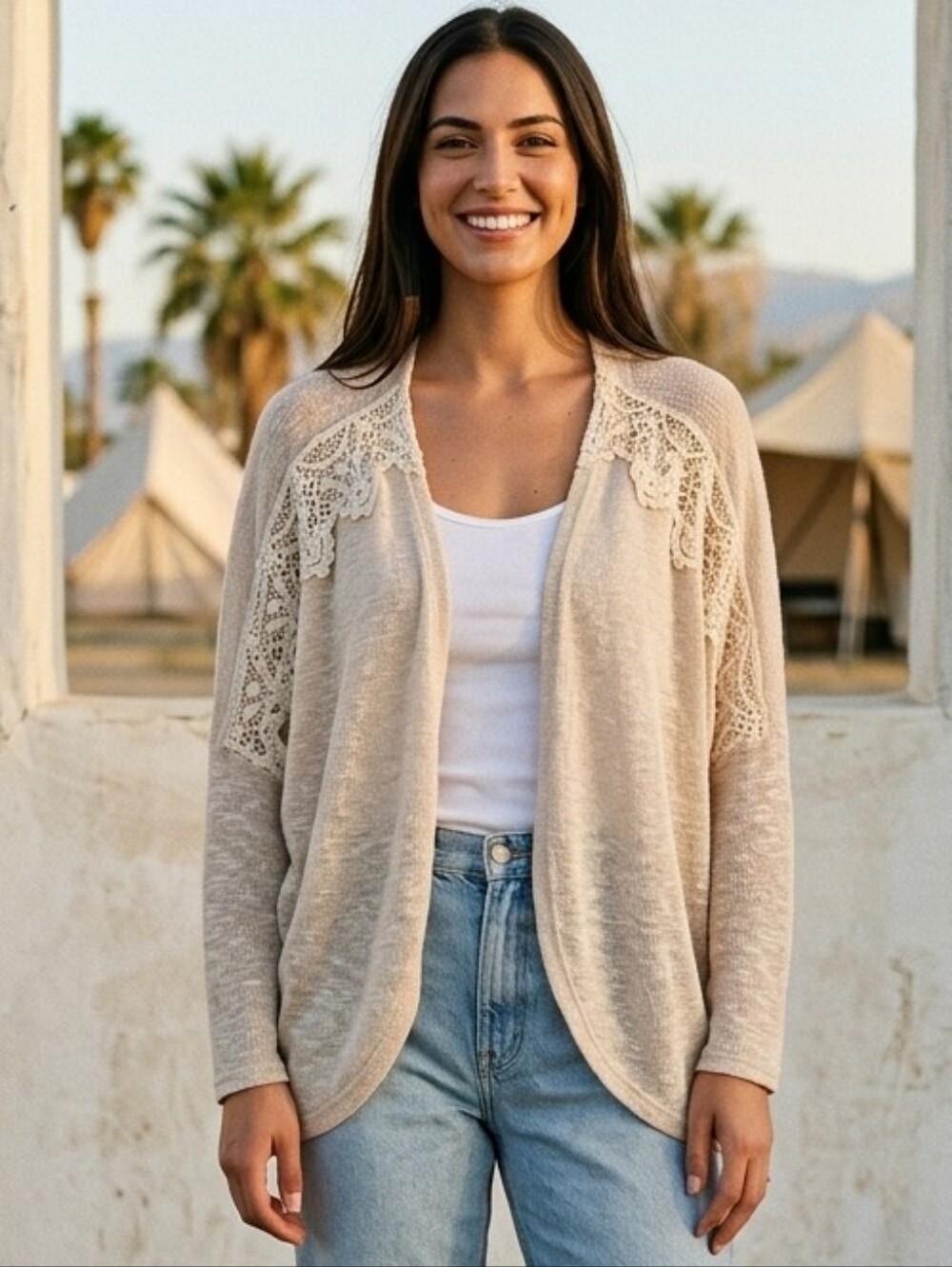 BOHO slouch cardigan beige lace crochet sweater Medium @O